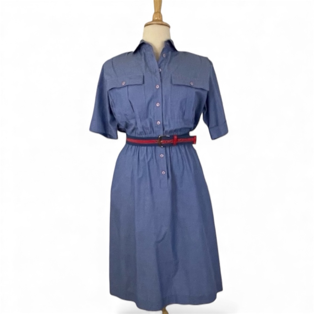 Vintage A-Line Midi Dress Women’s XL Collared Short Sleeve Henley Button‎